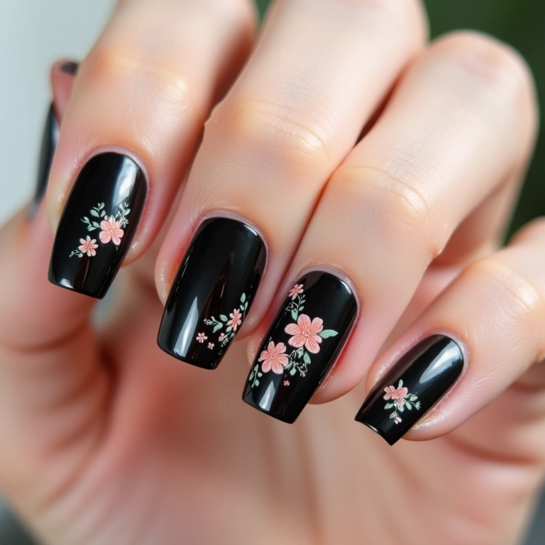 Unhas pretas com adesivos temáticos florais delicados.