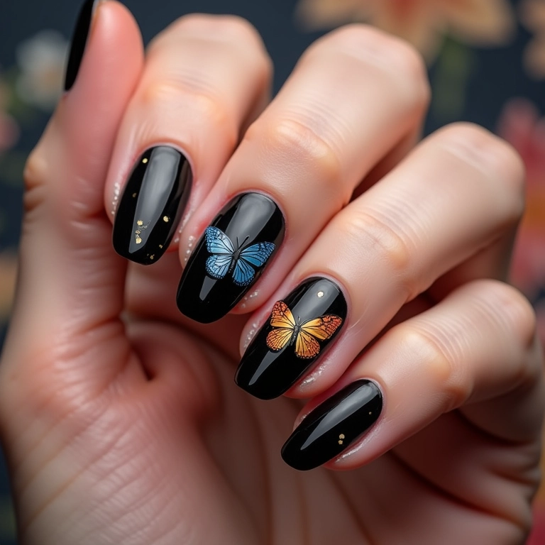 Unhas pretas com borboletas e desenhos delicados.