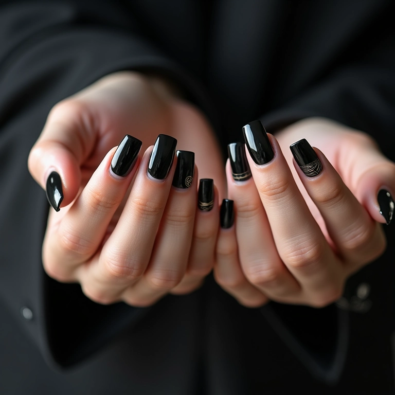 Unhas pretas com desenhos geométricos modernos.