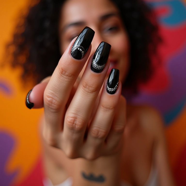 Unhas pretas com desenhos geométricos modernos.