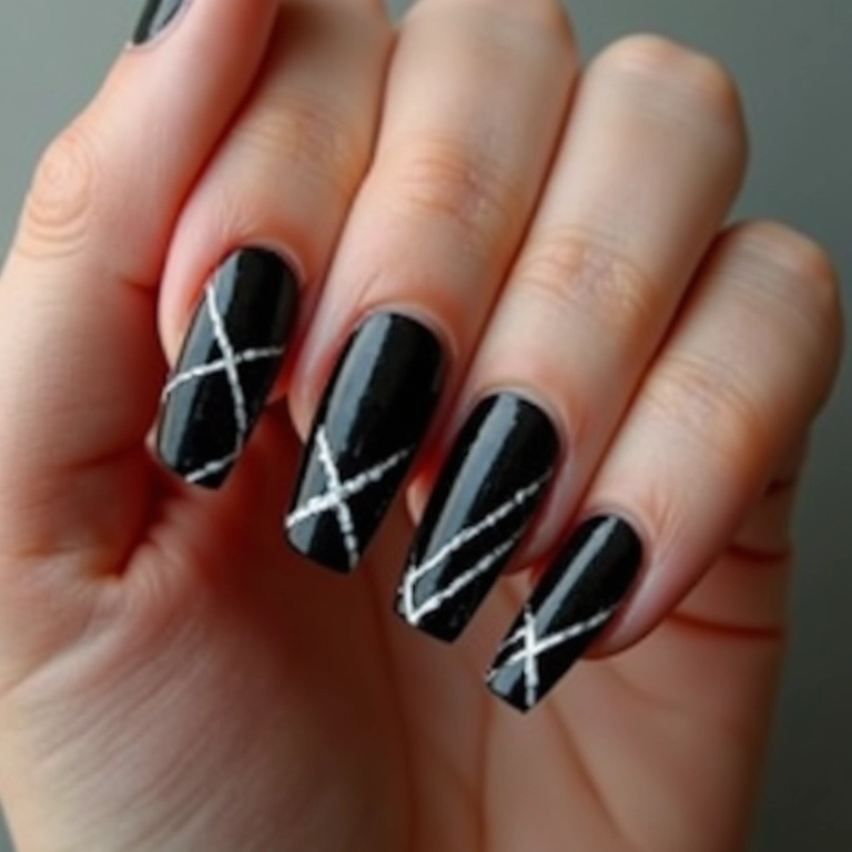 Unhas pretas com desenhos geométricos modernos.