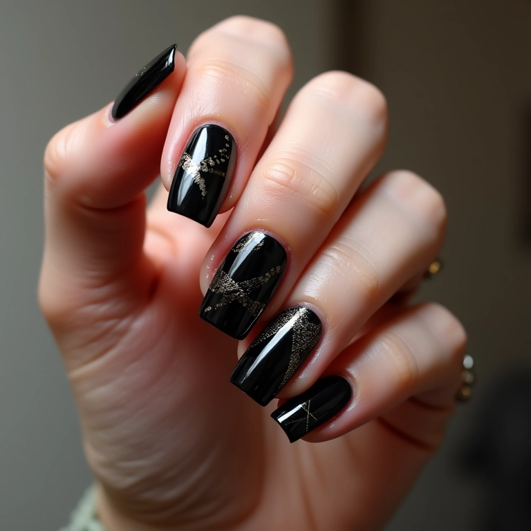 Unhas pretas com desenhos geométricos modernos.