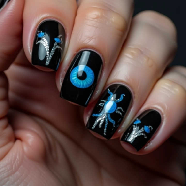 Unhas pretas com destaque para o olho grego azul.