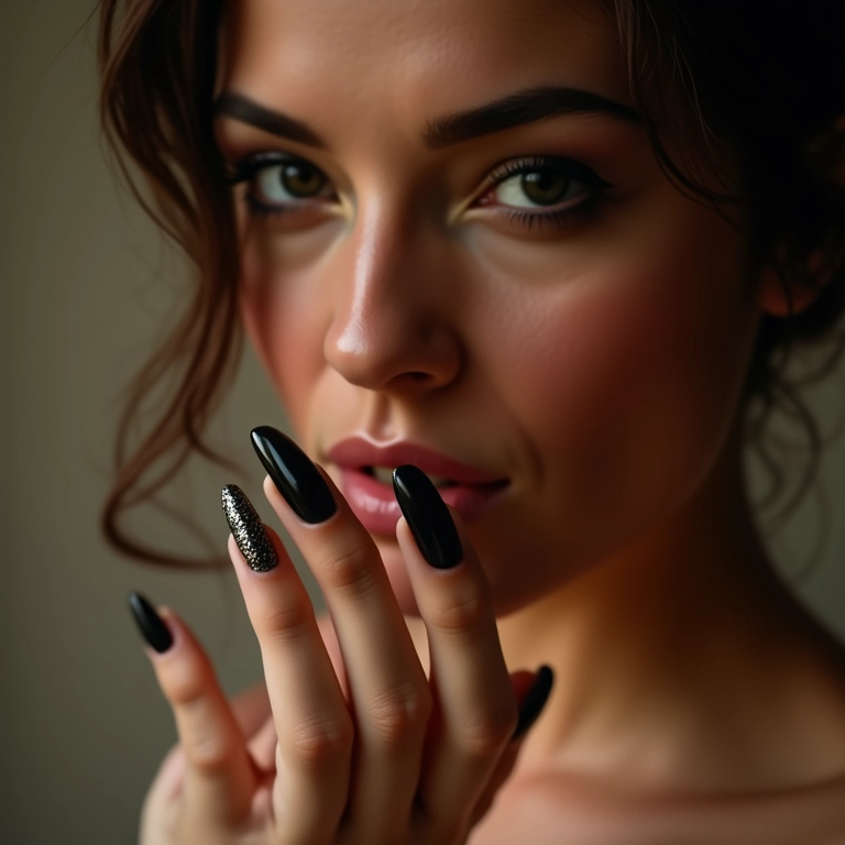 Unhas pretas com detalhes de glitter prateado.
