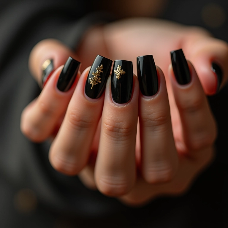 Unhas pretas com detalhes dourados brilhantes.