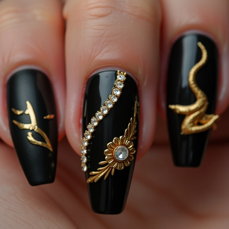 Unhas pretas com detalhes dourados e joias.