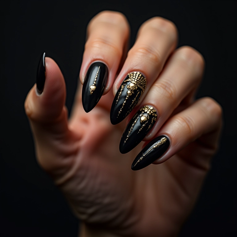 Unhas pretas com detalhes dourados e padrões intrincados.
