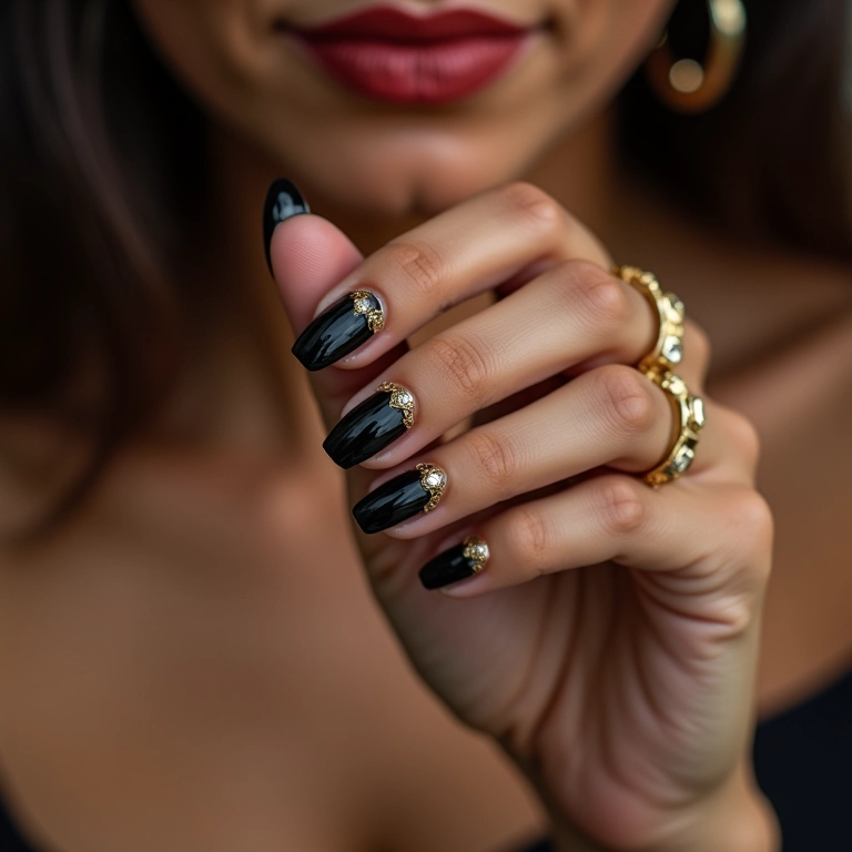 Unhas pretas com detalhes dourados: luxo e sofisticação.