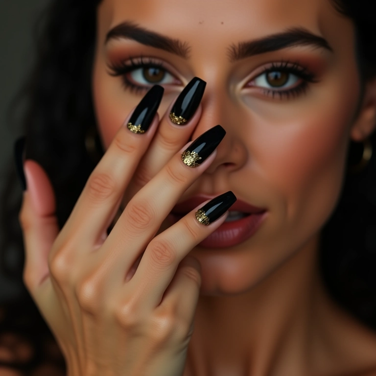 Unhas pretas com detalhes dourados.