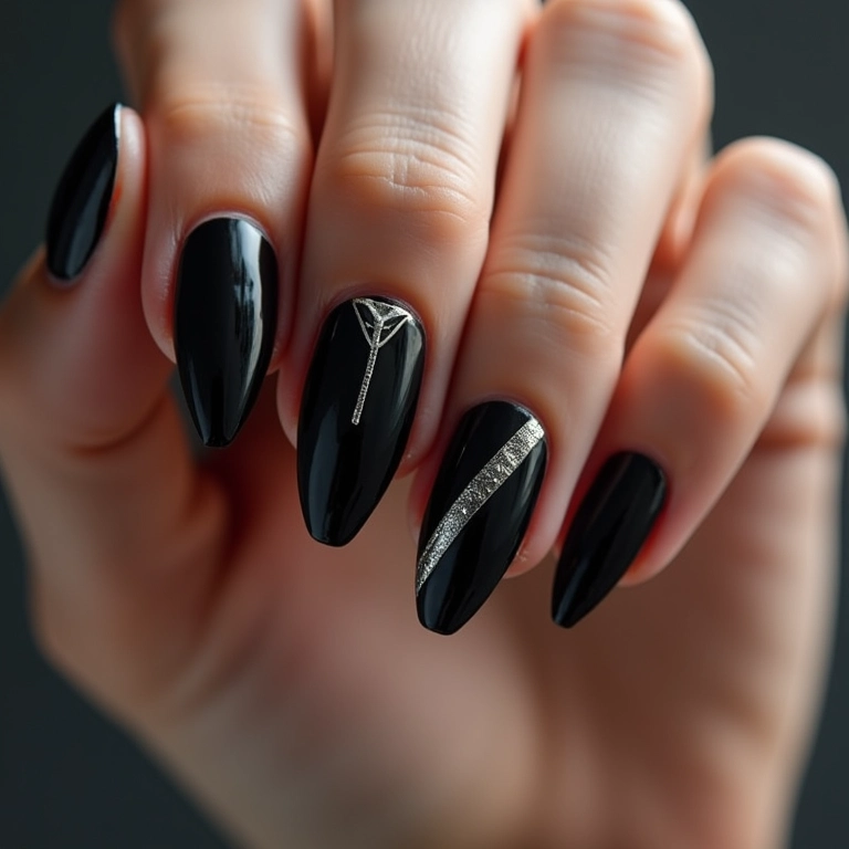 Unhas pretas com detalhes em prata e linhas geométricas.
