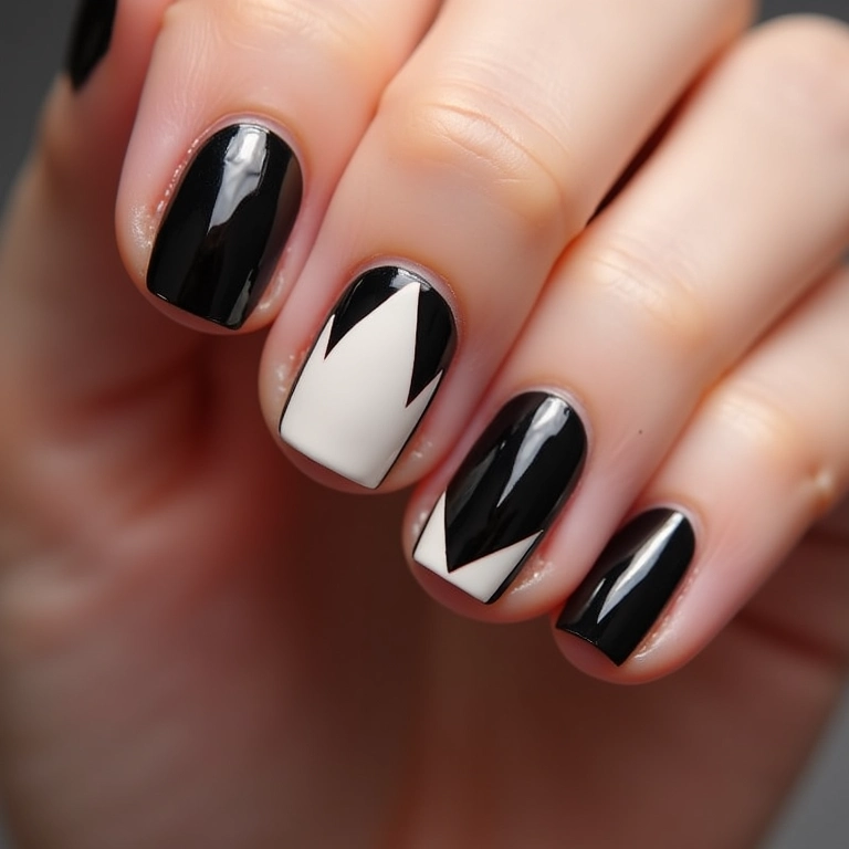 Unhas pretas com detalhes geométricos modernos.