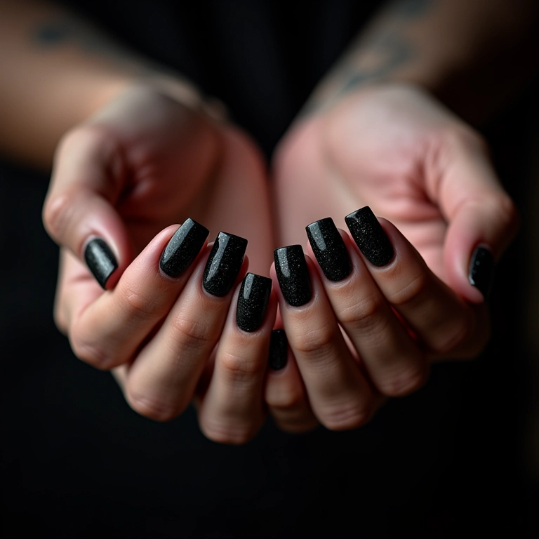 Unhas pretas com efeito craquelado.