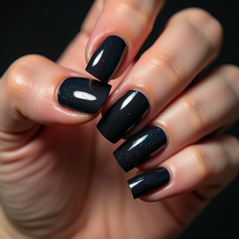 Unhas pretas com efeito holográfico e brilhante.