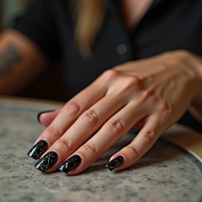 Unhas pretas com efeito mármore: sofisticação e tendência.