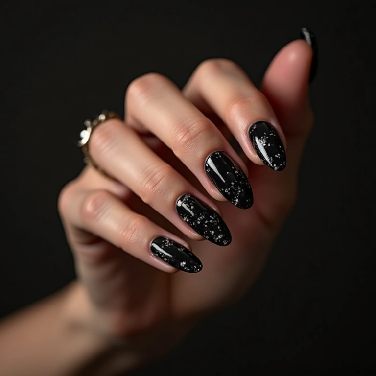 Unhas pretas com efeito mármore.