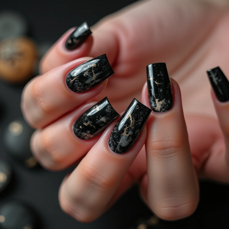 Unhas pretas com efeito marmorizado e padrões únicos.