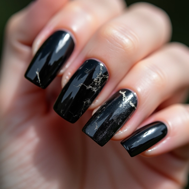 Unhas pretas com efeito marmorizado, elegância pura.