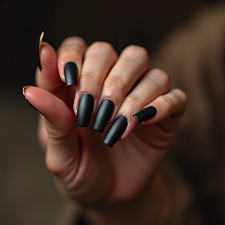 Unhas pretas com efeito matte e iluminação suave.