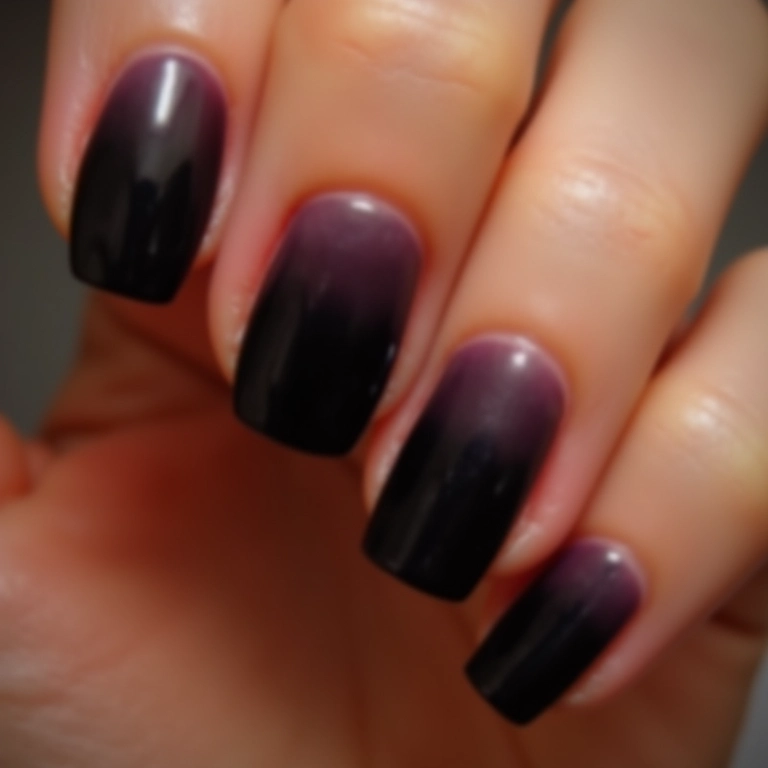 Unhas pretas com efeito ombré e transição suave de cor.