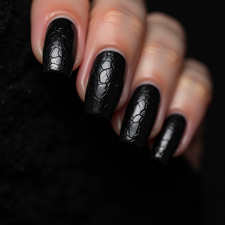 Unhas pretas com esmalte craquelado e efeito texturizado.