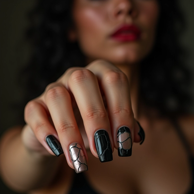 Unhas pretas com esmalte craquelado.