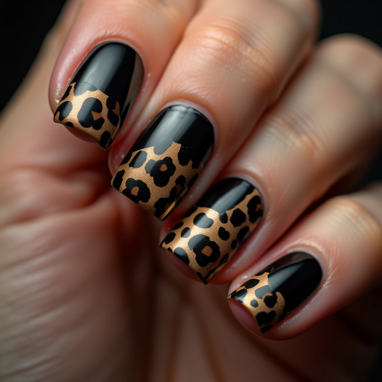 Unhas pretas com estampa animal print.