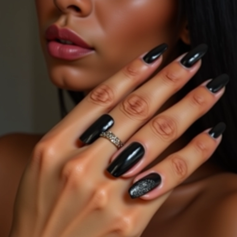Unhas pretas com filha única decorada.