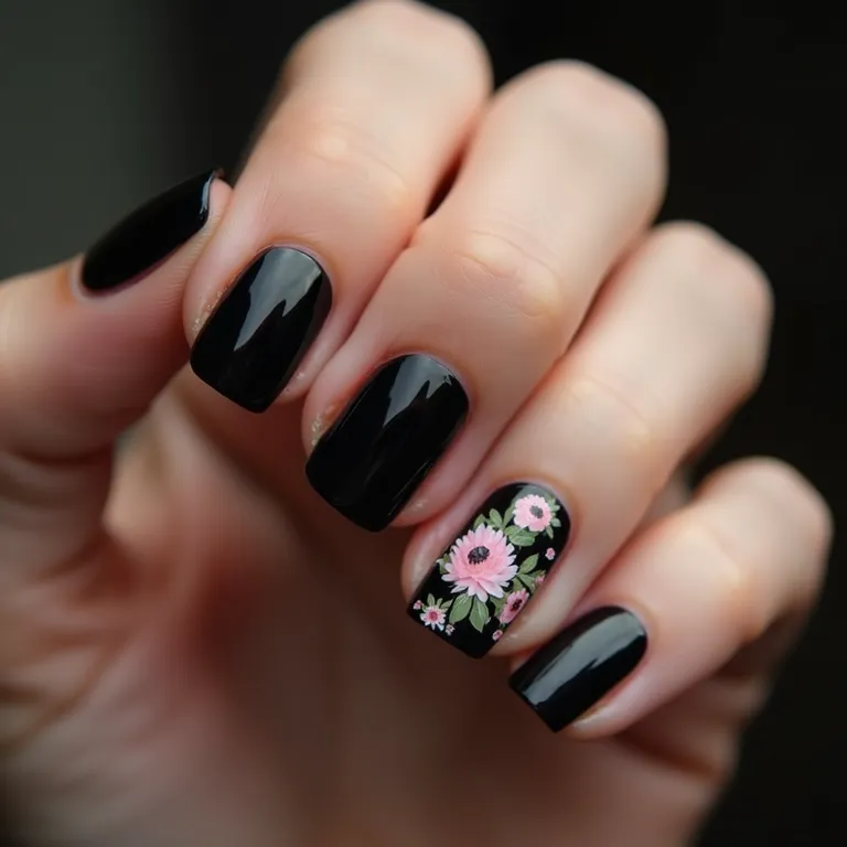 Unhas pretas com flores: delicadeza e ousadia em harmonia.