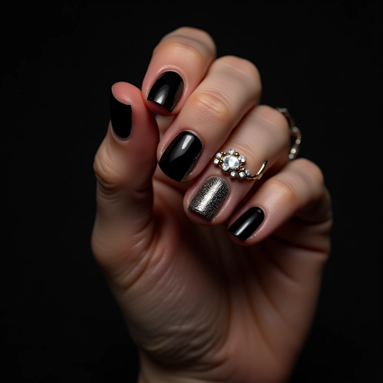 Unhas pretas com francesinha invertida ousada.