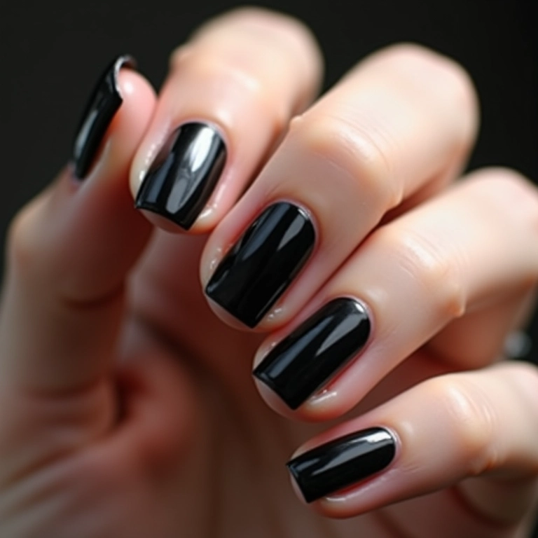 Unhas pretas com francesinha invertida, ousadia e estilo.