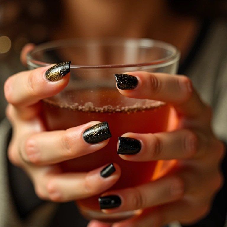 Unhas pretas com glitter dourado, luxo e sofisticação.