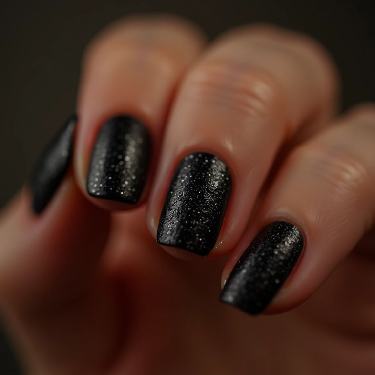 Unhas pretas com glitter para um brilho discreto.