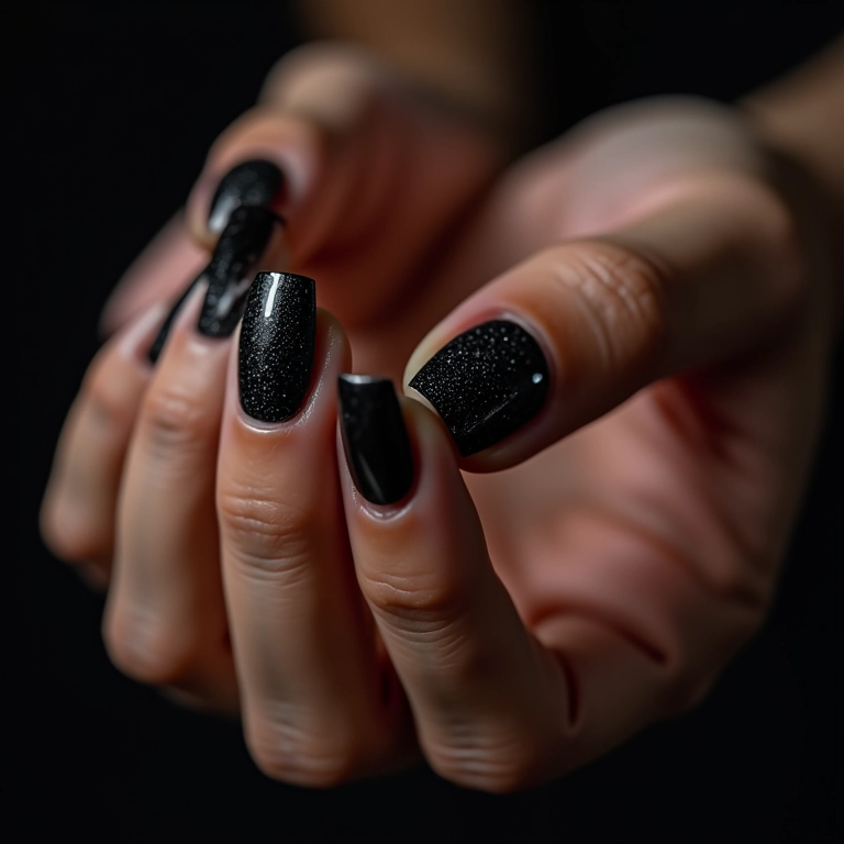 Unhas pretas com glitter reluzente e glamouroso.