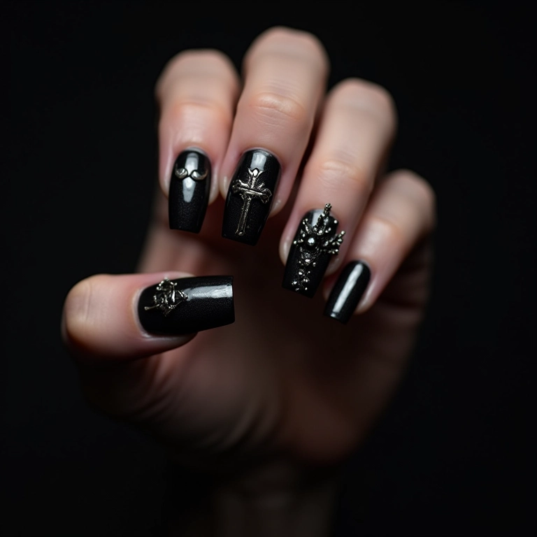 Unhas pretas com inspiração gótica e detalhes sombrios.
