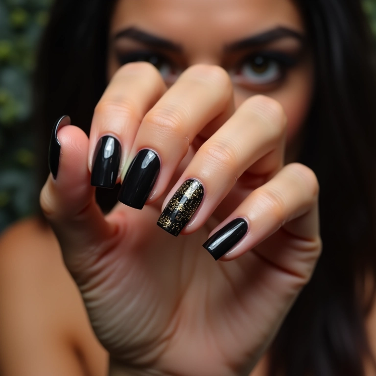 Unhas pretas com padrões carimbados.
