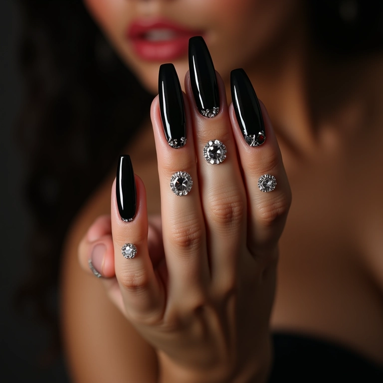 Unhas pretas com pedrarias brilhantes.