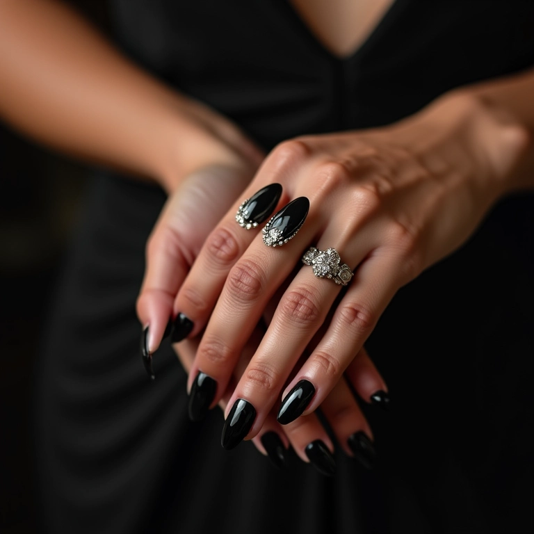 Unhas pretas com pedrarias: glamour e sofisticação.
