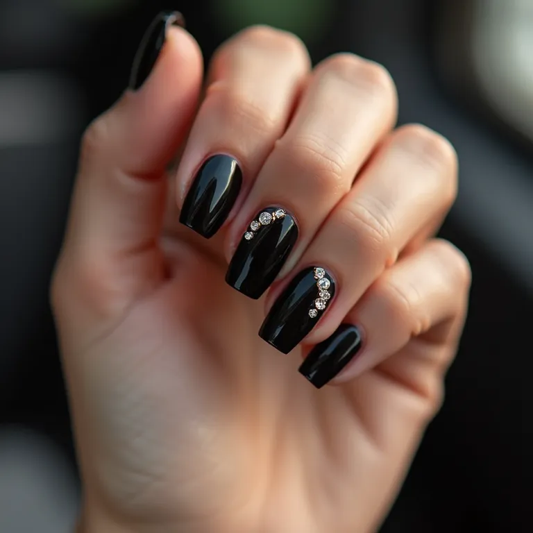 Unhas pretas com pedrarias: luxo e sofisticação em cada detalhe.