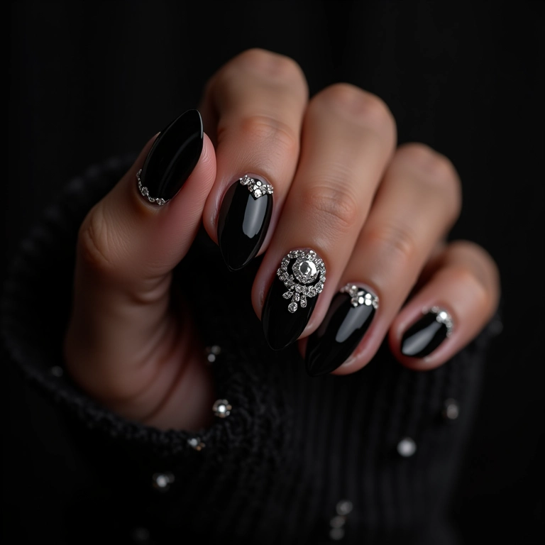 Unhas pretas com pedrarias luxuosas e brilhantes.
