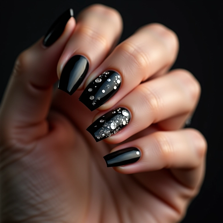 Unhas pretas com pedrarias para um look elegante no Ano Novo.
