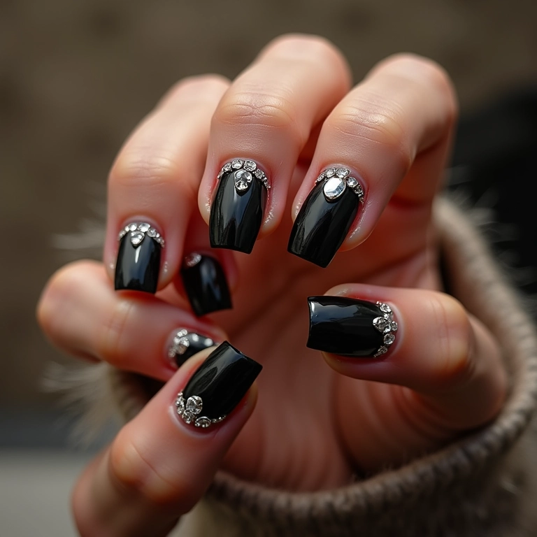 Unhas pretas com pedrarias para um visual glamouroso.