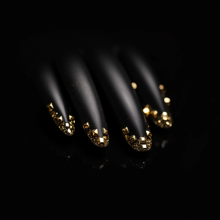 Unhas pretas com tachinhas douradas.