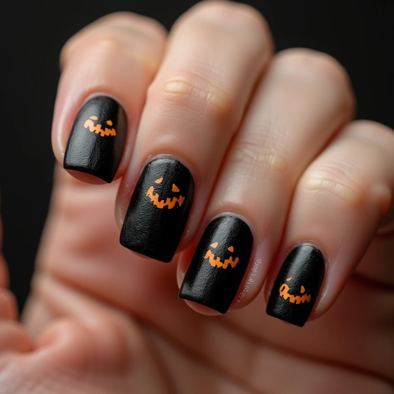 Unhas pretas com tema de Halloween, perfeitas para a festa.