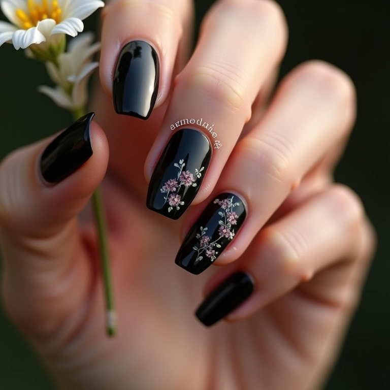 Unhas pretas decoradas com flores delicadas.