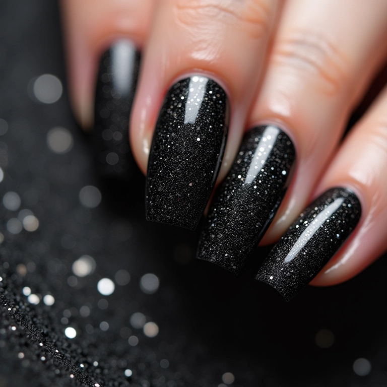 Unhas pretas decoradas com glitter brilhante.