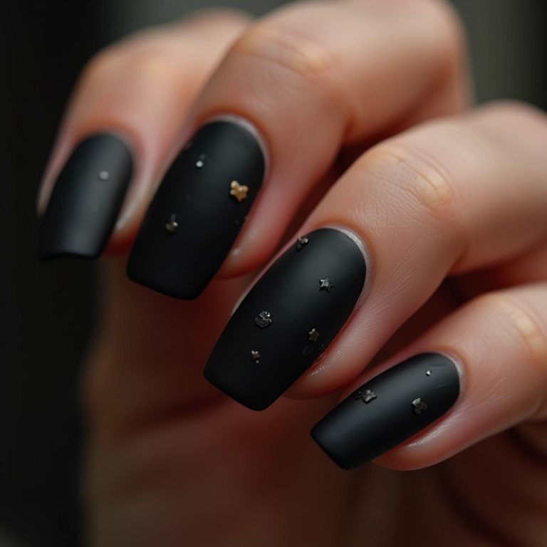 Unhas pretas foscas com detalhes em alto relevo.