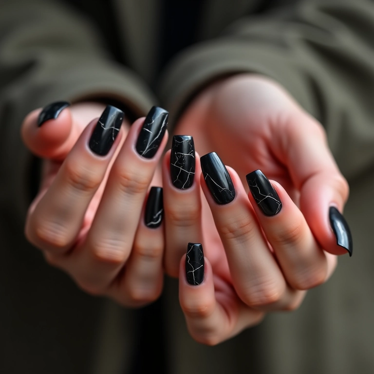 Unhas pretas marmorizadas com efeito surpreendente.