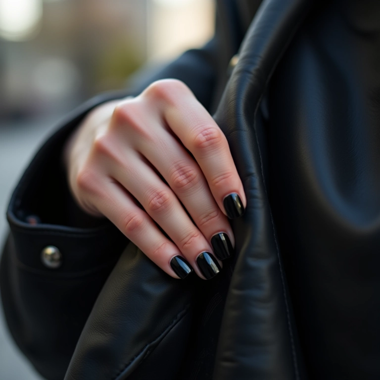 Unhas pretas segurando jaqueta de couro.