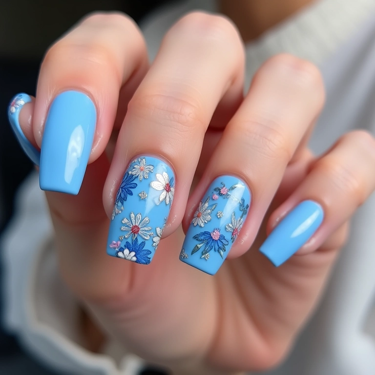 Unhas quadradas azuis com adesivos.