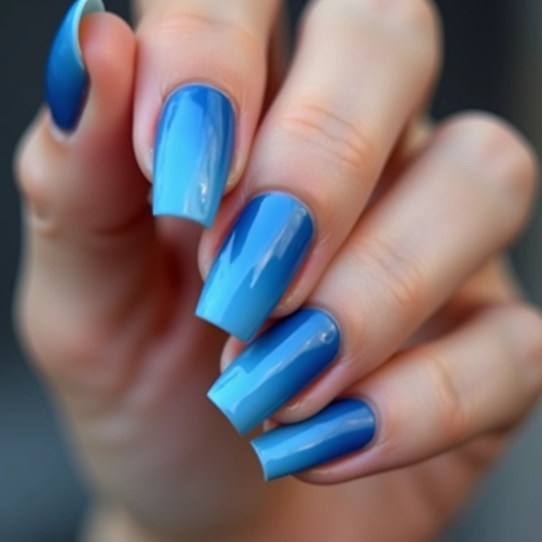Unhas quadradas azuis com efeito degradê.